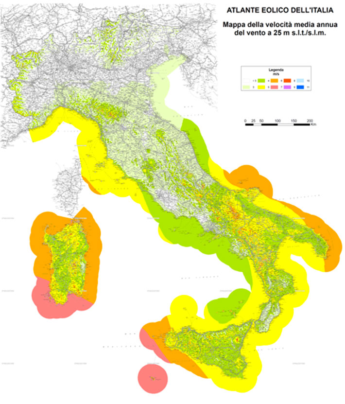 Atlante eolico dell'Italia - Mappa dei venti